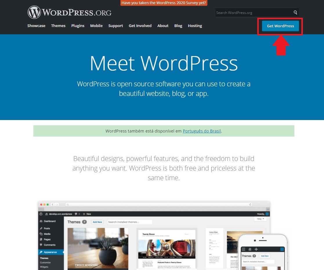 Página Inicial do WordPress.org para realizar o download dos arquivos de instalação do WordPress