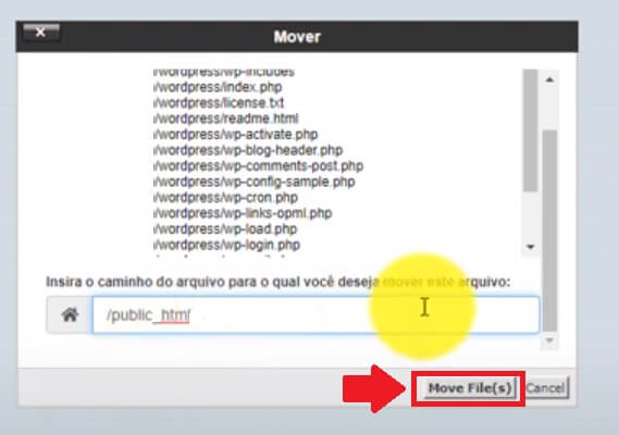 Mover arquivos de Instalação do WordPress para o diretório raiz, através do gerenciador de arquivos do cPanel