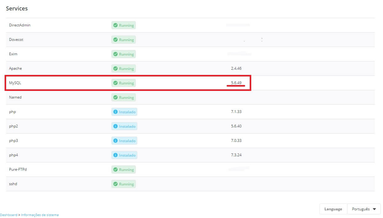Descobrir versao do mysql através do painel do directadmin