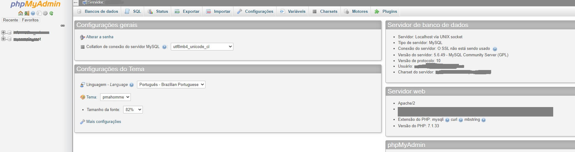 painel do PHPMyAdmin