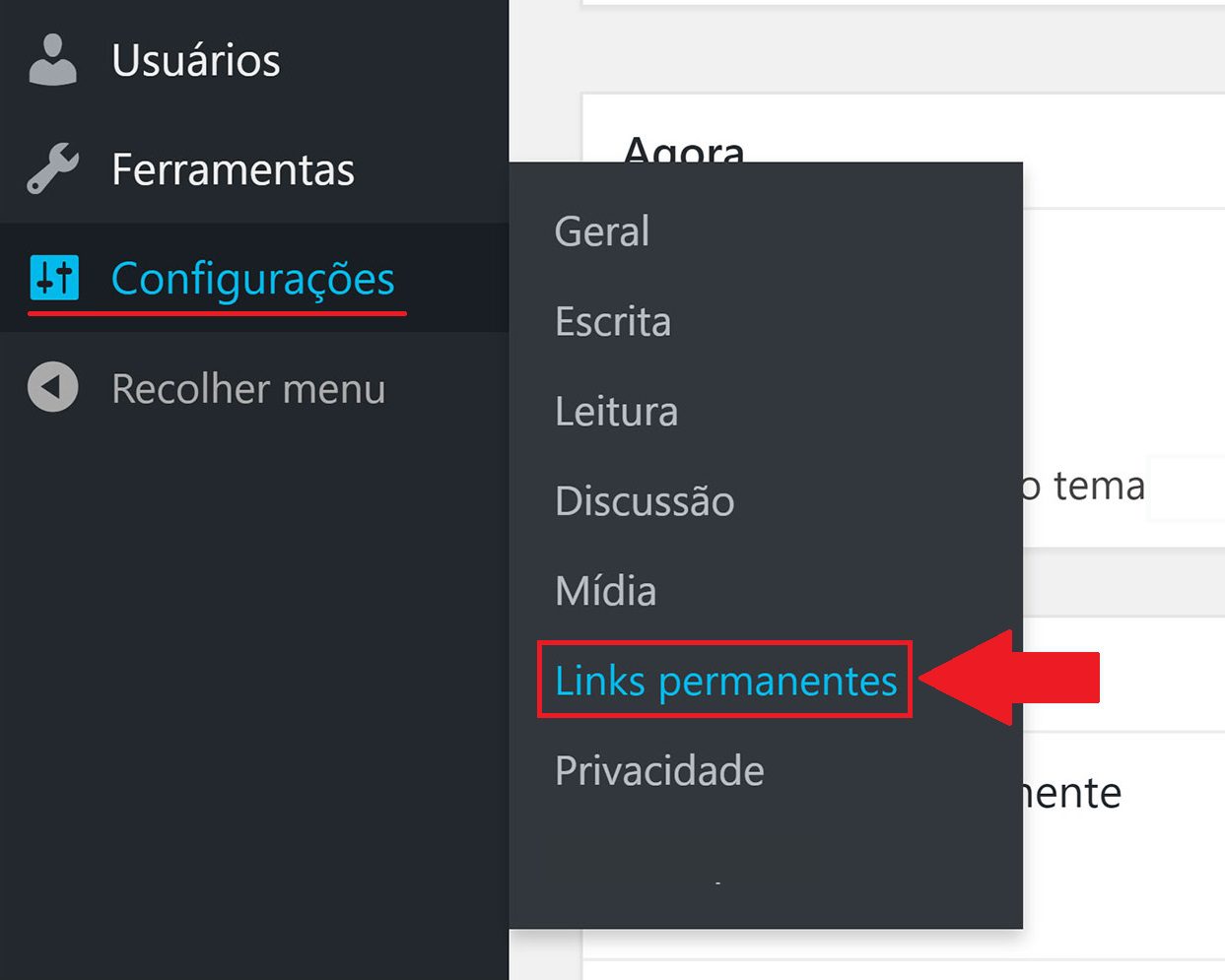 Acessando as configurações de Links Permanentes no WordPress