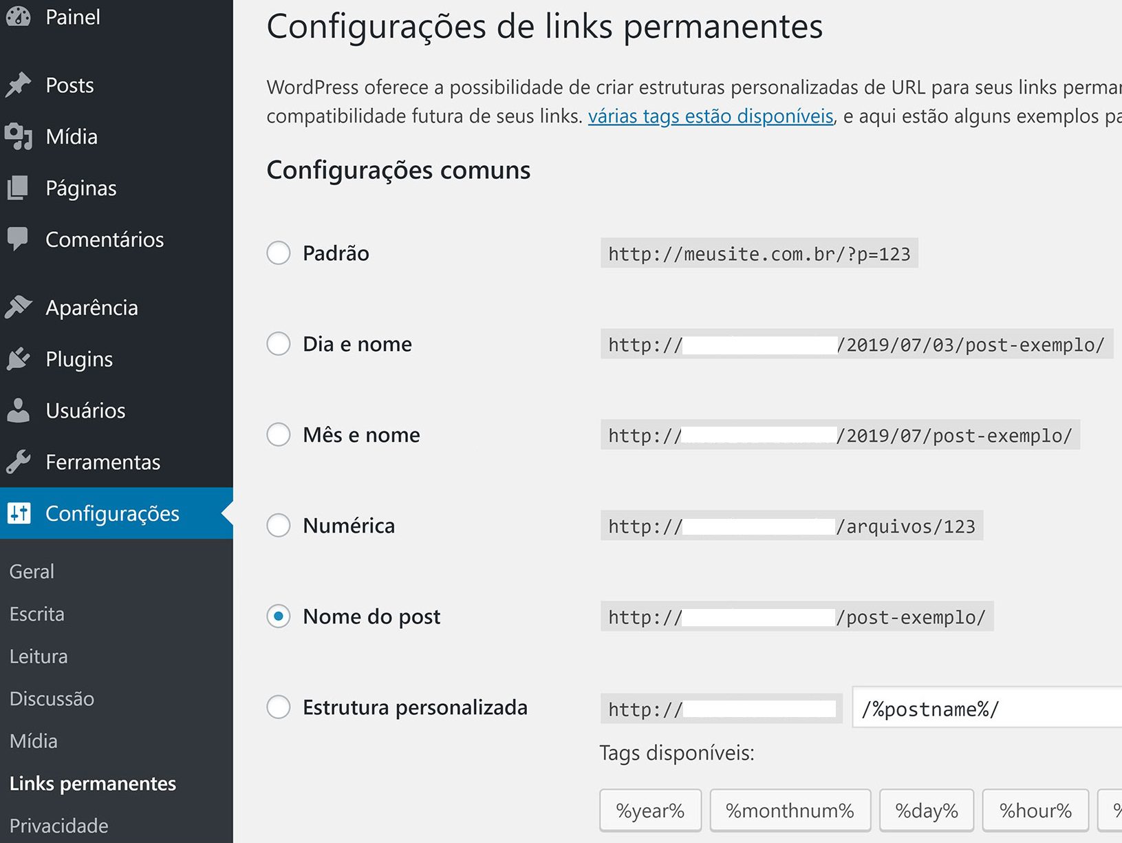 Acessando as configurações de Links Permanentes no WordPress para configuração de URLs Amigáveis