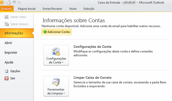 Como configurar o outlook 2010 , tela inicial