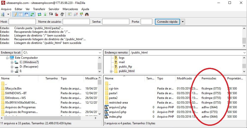 chmod permissoes arquivos filezilla 3