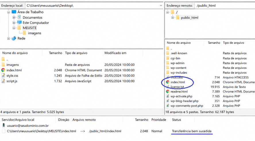 Arquivo index.html transferido com sucesso para o servidor FTP, usando o Filezilla.