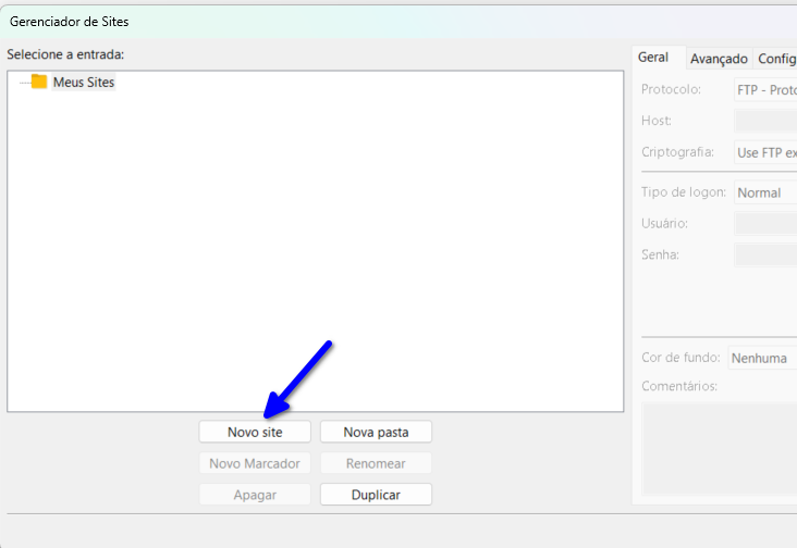 No Filezilla, clicar em Novo site