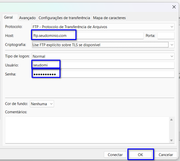 Dados de login no FTP