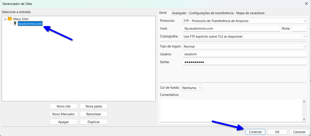 Conectar ao servidor FTP usando Filezilla