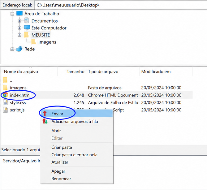 Clicando em "Enviar", pra enviar o arquivo index.html para o servidor FTP.