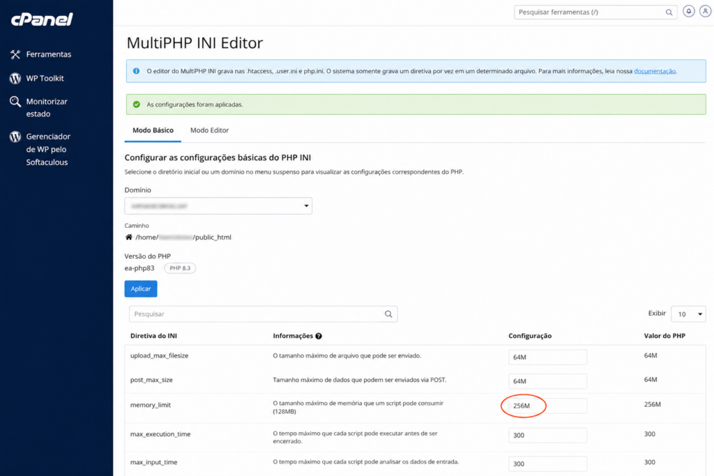 Alterando o memory_limit no MultiPHP INI Editor do cPanel