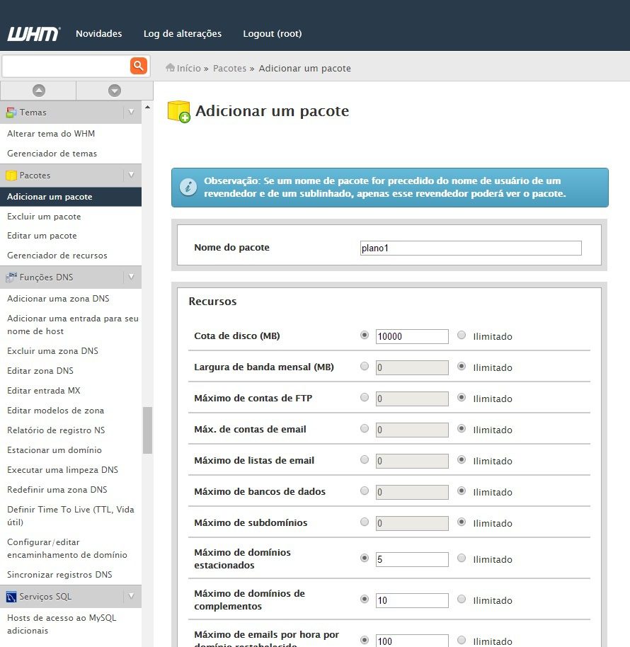 criar um plano de hospedagem na revenda 1