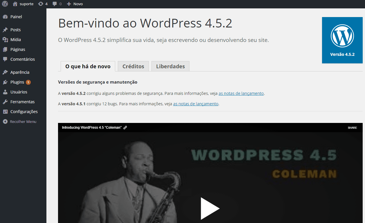 tela inicial mostrando o WordPress atualizado
