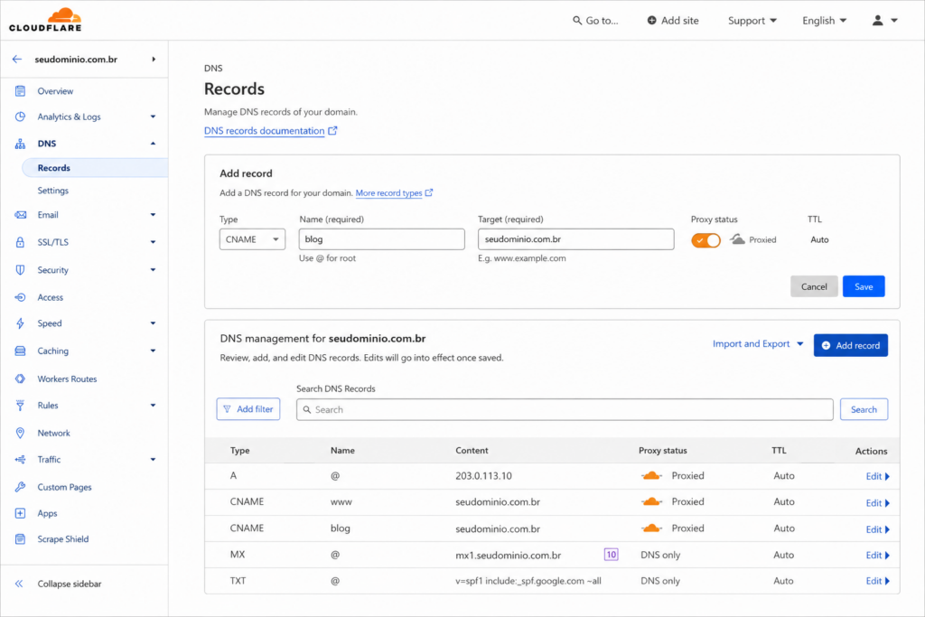 Formulário Add record da Cloudflare com um registro A para criar subdomínio