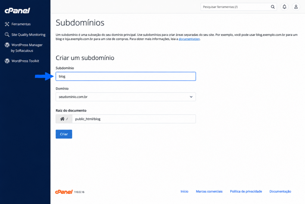 Formulário de criação de subdomínio no cPanel, com nome e raiz do documento preenchidos