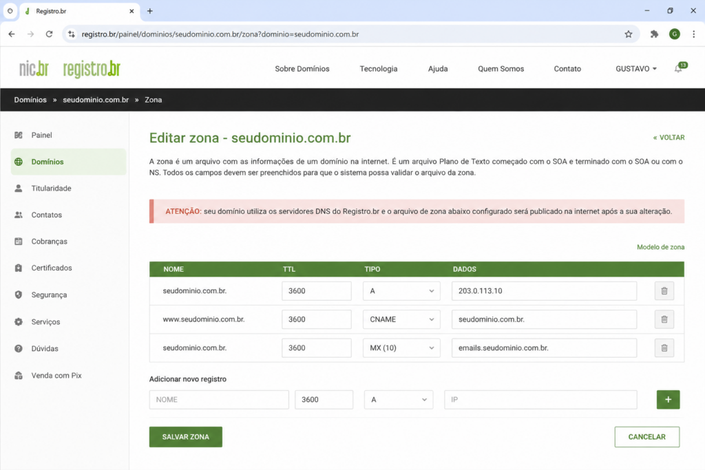 Criar um subdominio no Registro.br - tela Editar zona de DNS