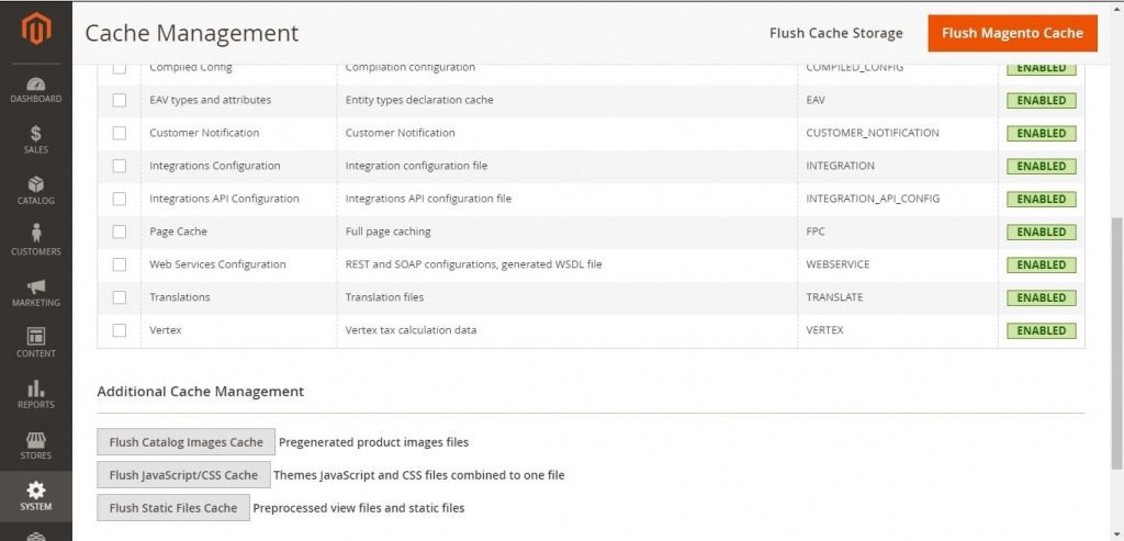 Print exibe listagem com gerenciamento de cache no Magento