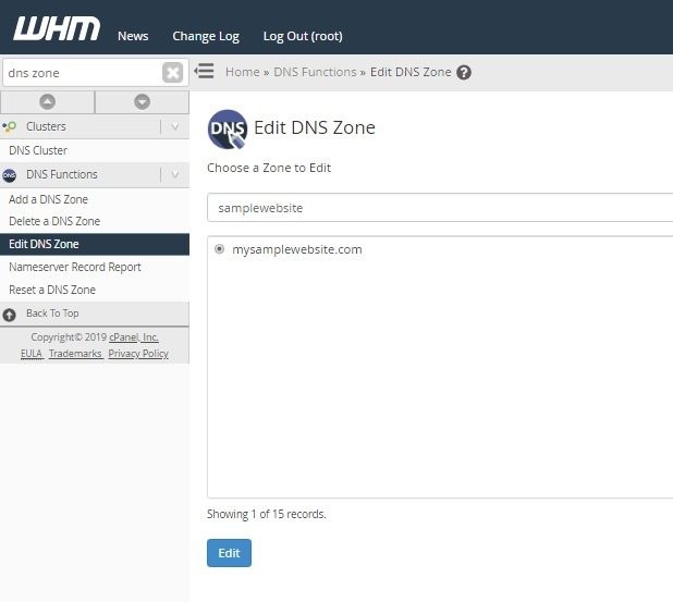 editar zona de DNS no painel de controle