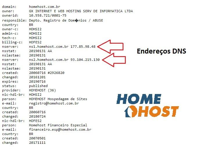 endereço DNS no whois do domínio