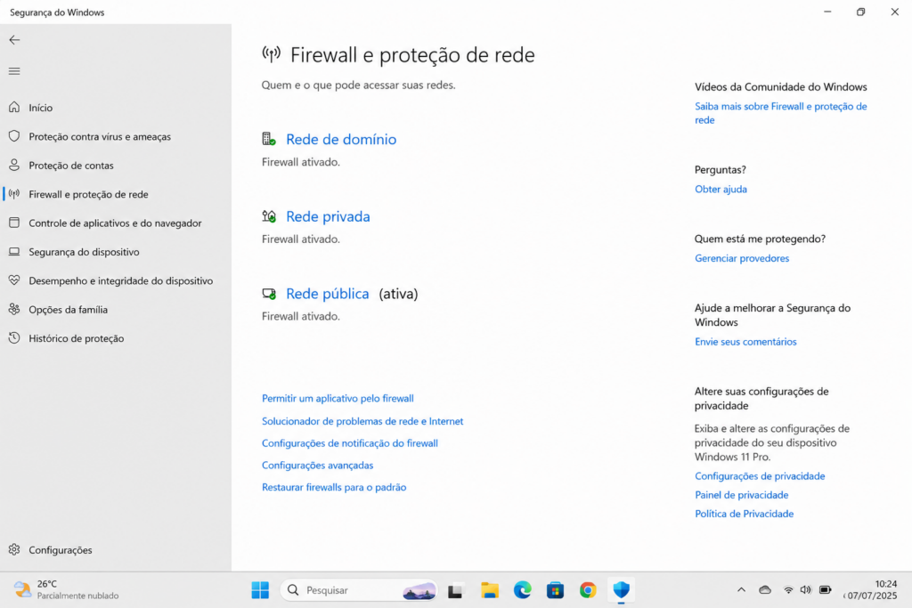 Tela do Firewall do Windows Defender com proteção ativada