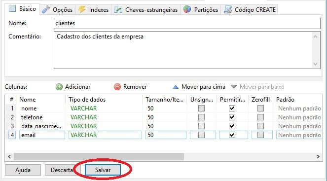 salvando tabela nova criada