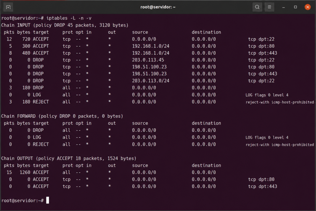 Saída do comando iptables mostrando regras de firewall no Linux
