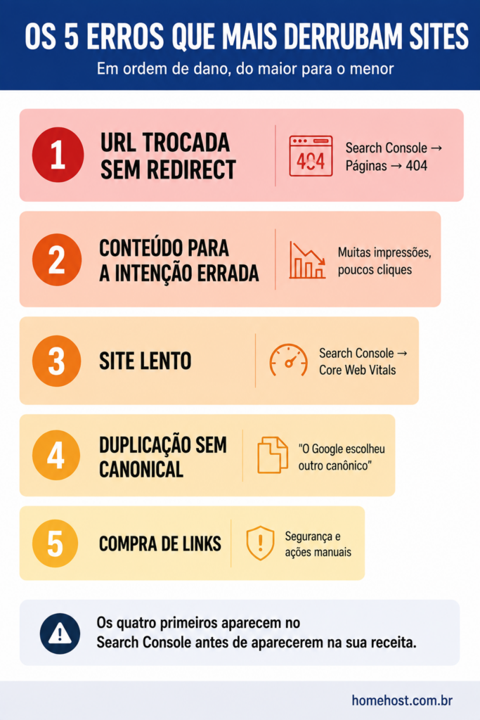 Os cinco erros de SEO em ordem de dano: URL trocada sem redirect, conteúdo para a intenção errada, site lento, duplicação sem canonical e compra de links