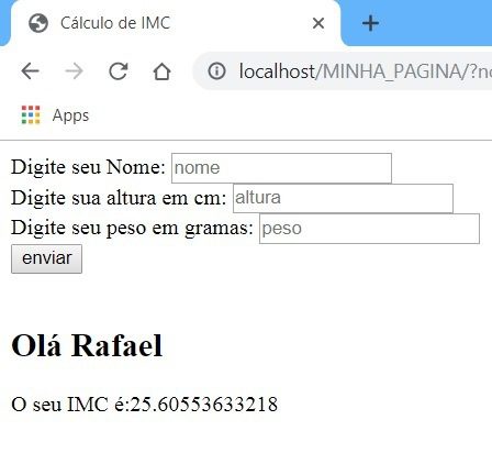 Resultado final do Sistema PHP de calculo de IMC