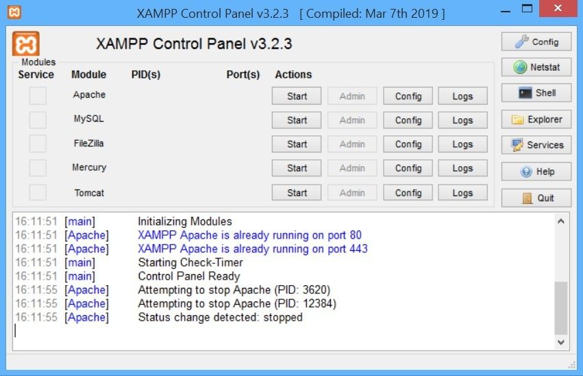 Tela inicial do XAMPP