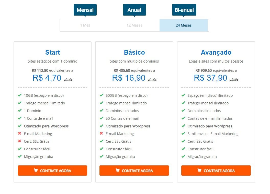 Planos de hospedagem no Servidor Web da Homehost