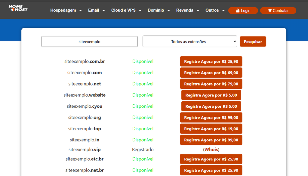 Resultado da pesquisa de domínio, com preços e disponibilidade do endereço escolhido.