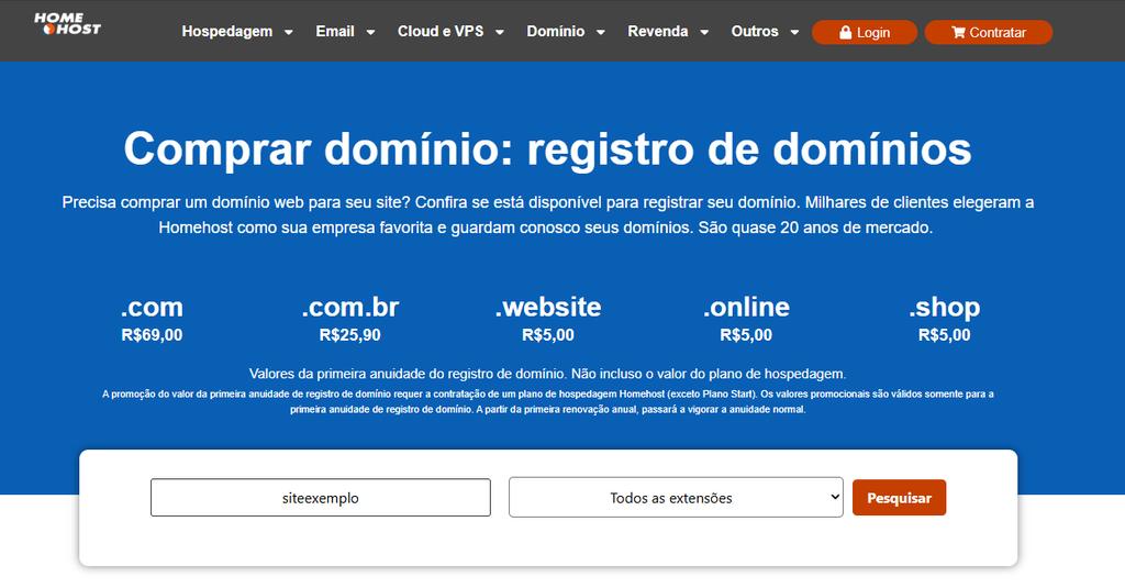 Tela de pesquisa de domínio, mostrando os preços e promoções