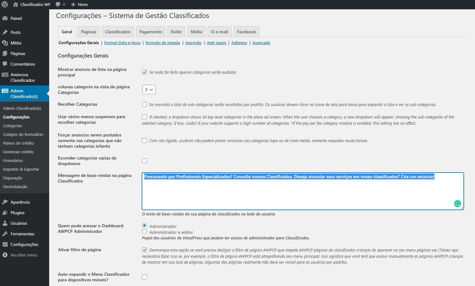 Alterando as Configurações Gerais do AWPCP no site de anúncios em wordpress