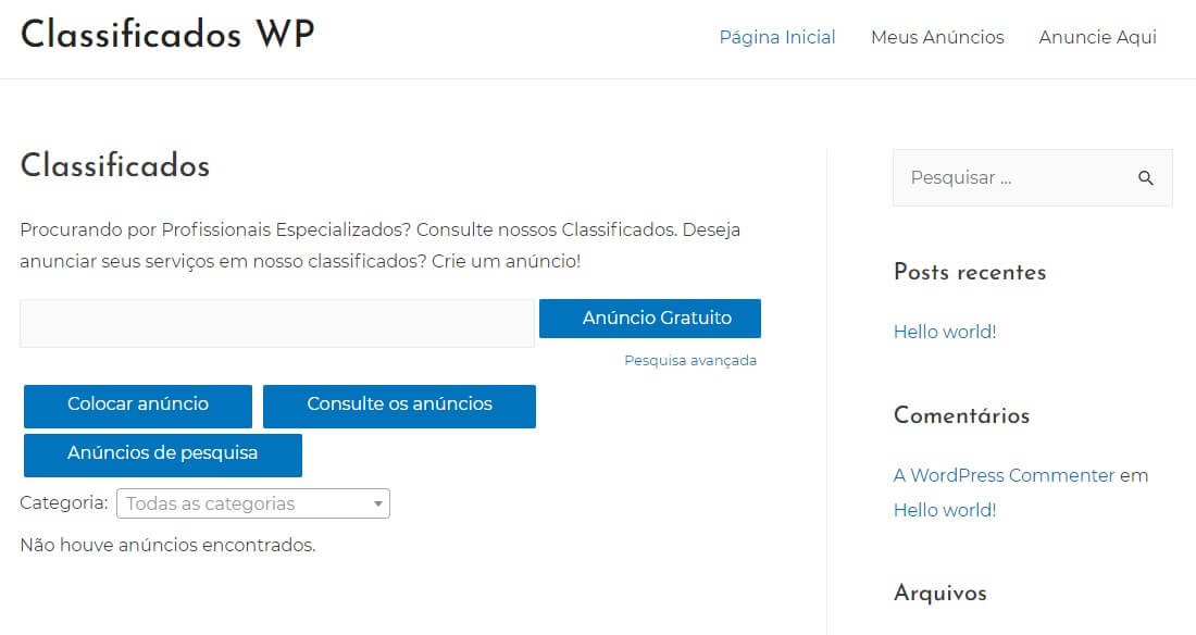 Menu do Nosso Classificados WordPress