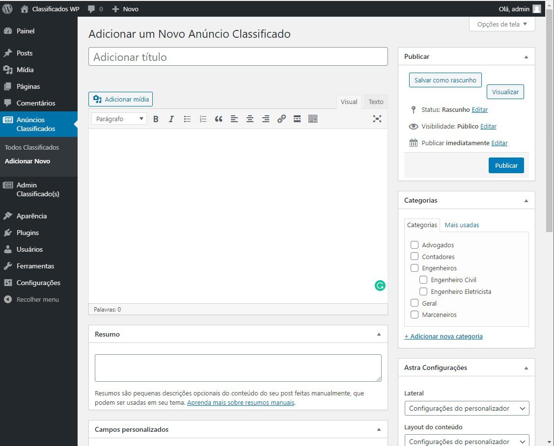 Cadastrando Anúncio de Classificados pelo Painel WordPress