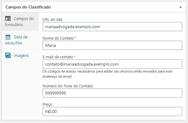 Exemplo de Anuncio sendo Cadastrado - Classificados WordPress