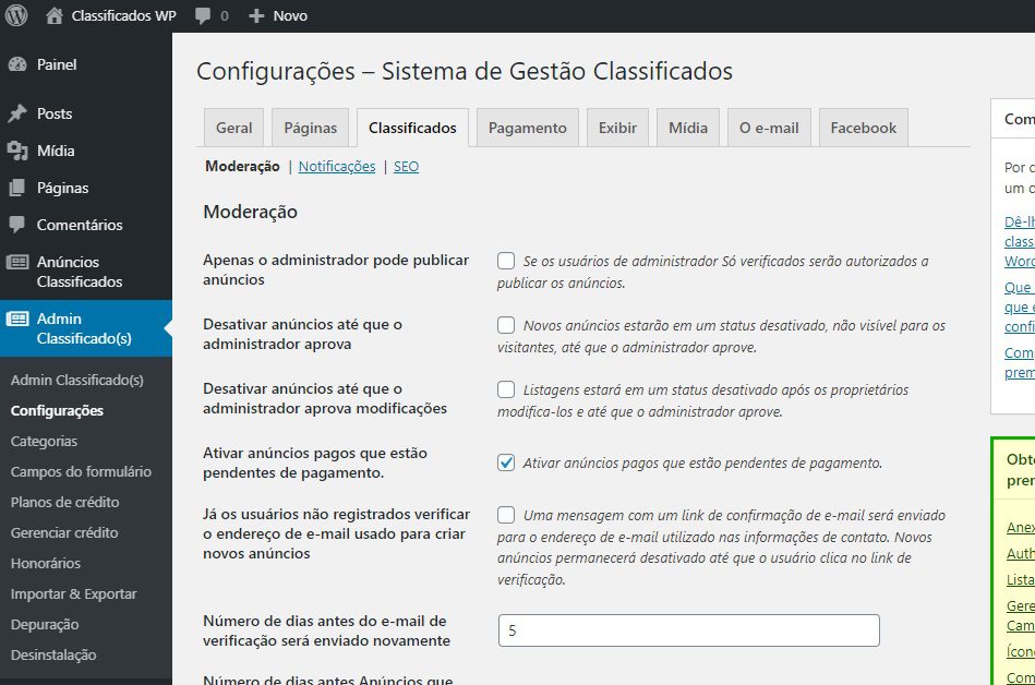 Configurações Referente a Moderação dos Classificados do WordPress