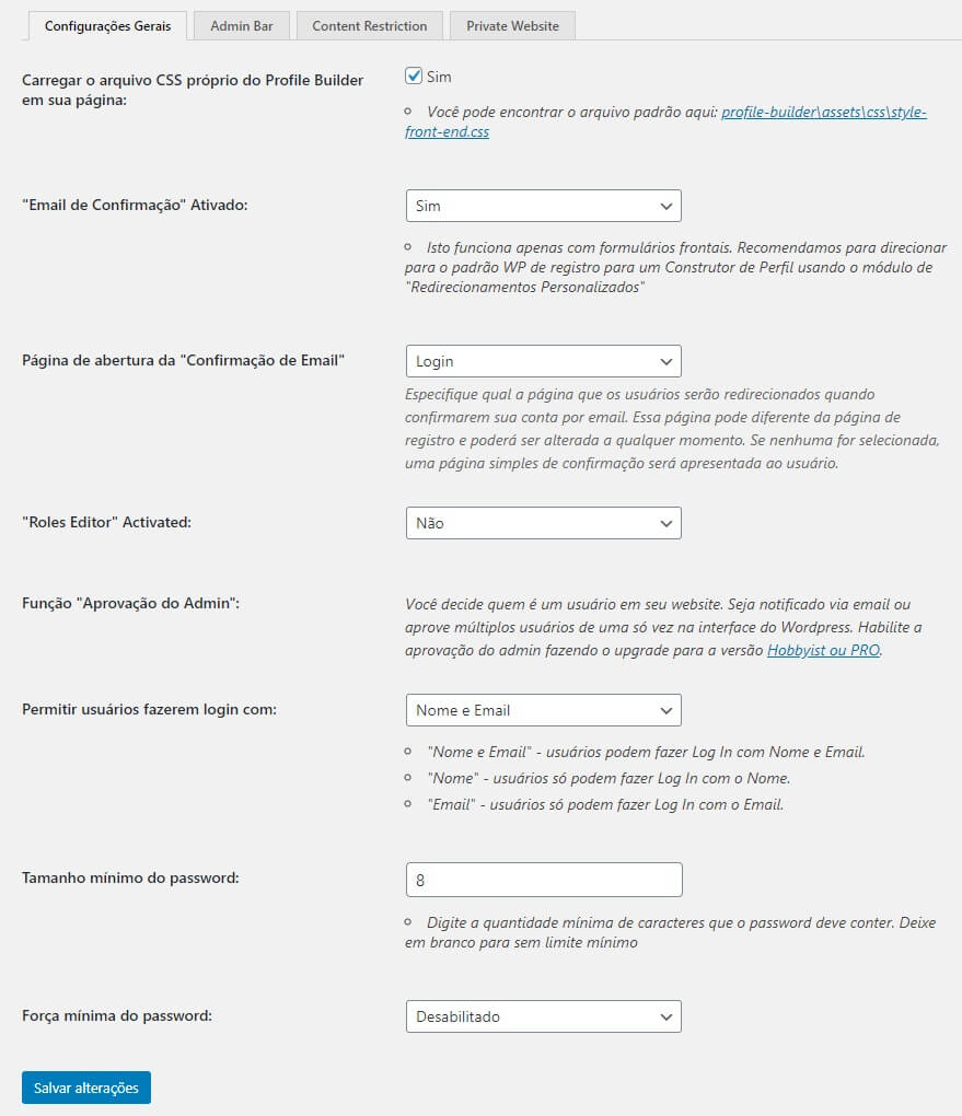 Configurando o Plugin Profile Builder