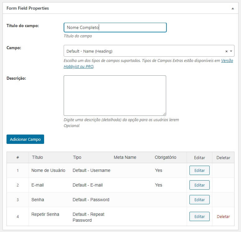 Configurando os Campos do Formulário de Cadastro do Site de Cadastro de Clientes em WordPress