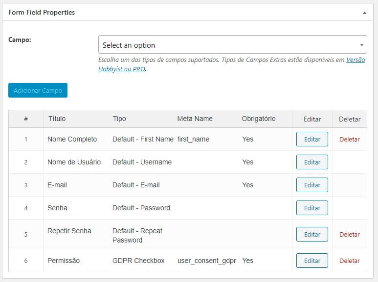 Configurando os Campos do Formulário de Cadastro do Site de Cadastro de Clientes em WordPress