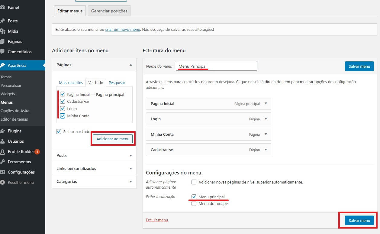 Configurando o menu do Site de Cadastro de Clientes em WordPress