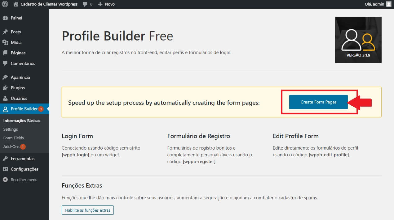 Instalando as Páginas do Profile Builder