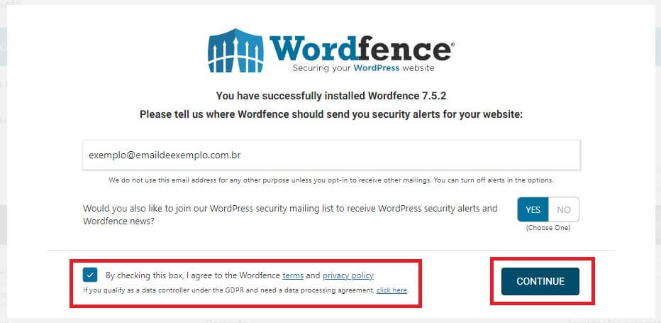 Tela de Confirmação de Email e de termos e politica de privacidade do Wordfence