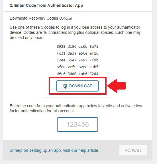 Download do Código de recuperação da autenticação em dois fatores
