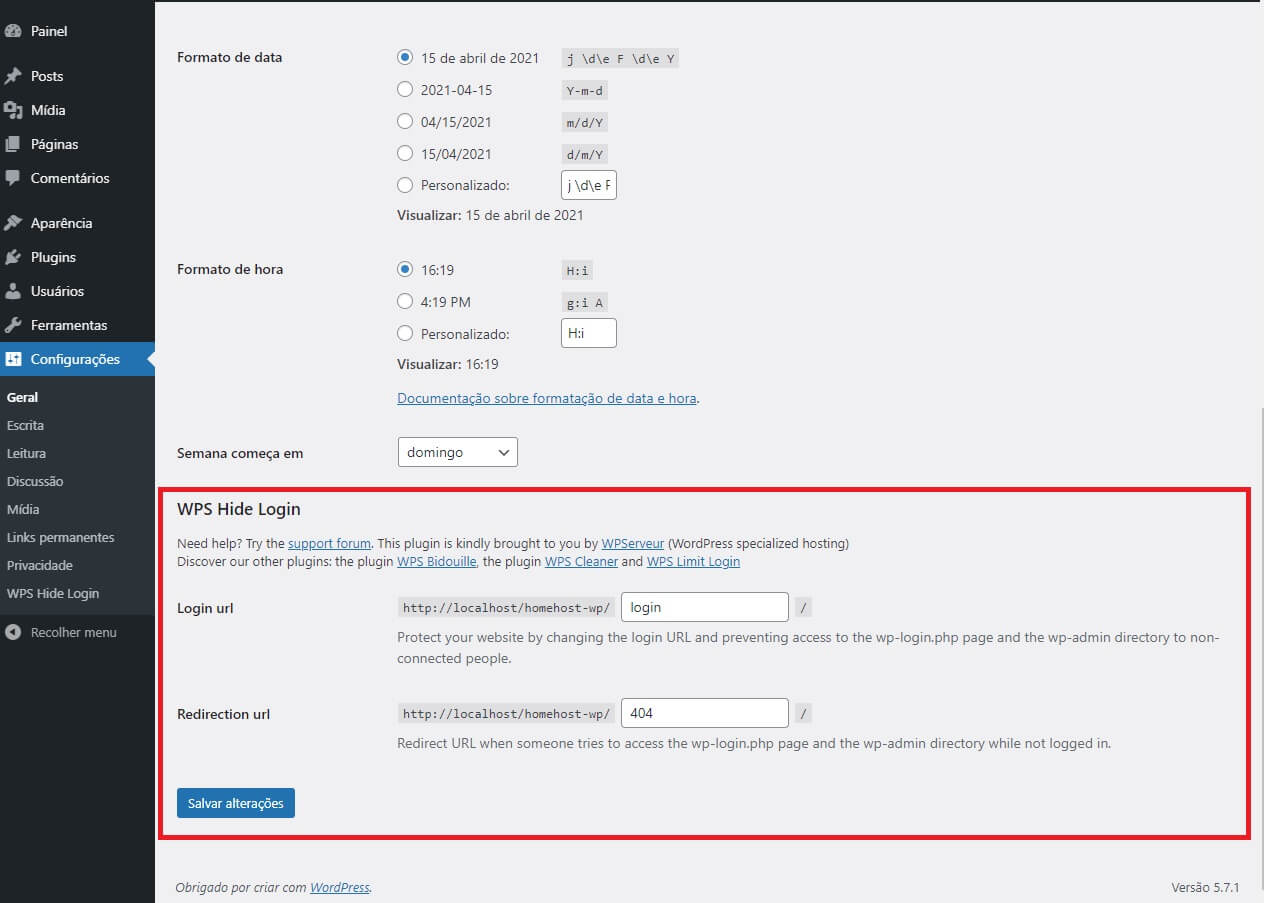 Configurações do WPS Hide Login nas configurações do WordPress