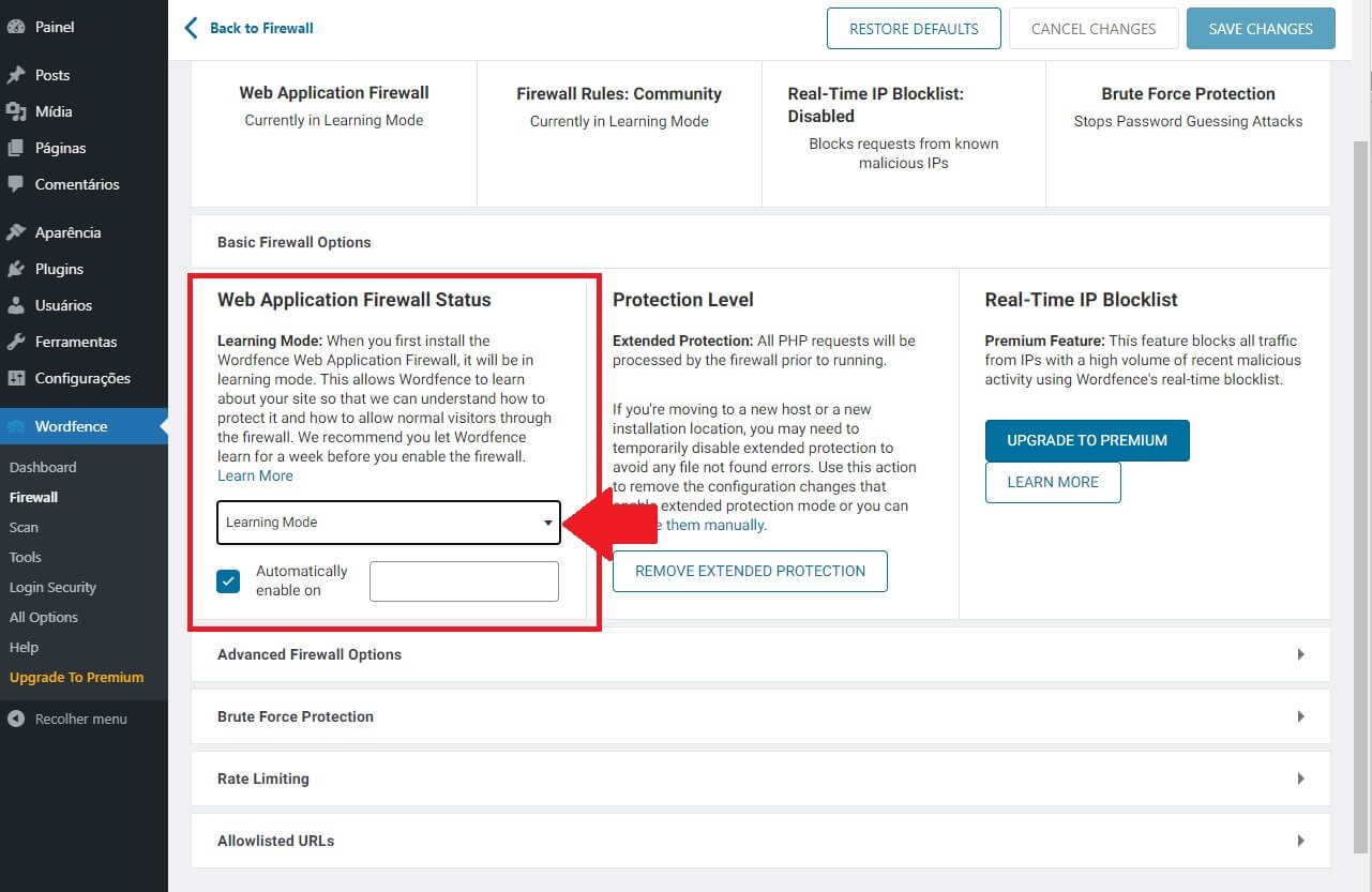 Web Application Firewall Status no Modo de Aprendizagem do Wordfence