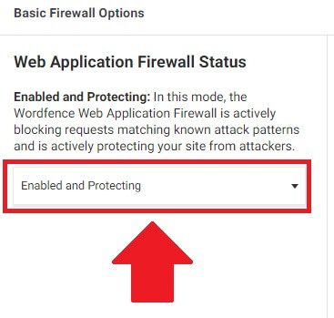 Web Application Firewall Status no modo ativo e de Proteção do Wordfence