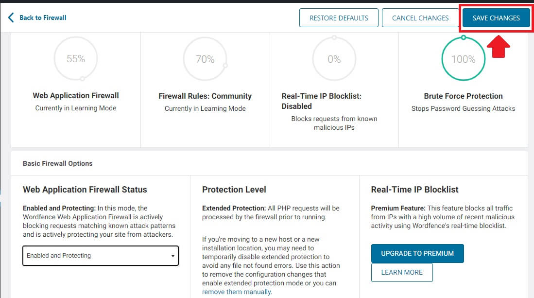 Web Application Firewall Status Save Changes