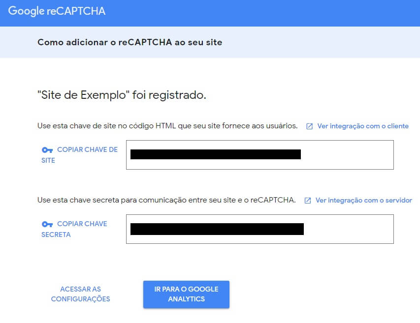 Chaves do google reCaptcha