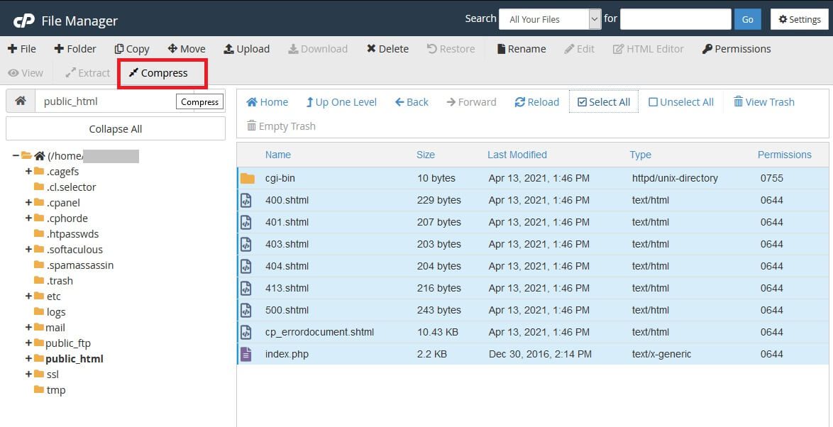 Comprimindo arquivos para gerar o backup no Gerenciador de Arquivos do cPanel