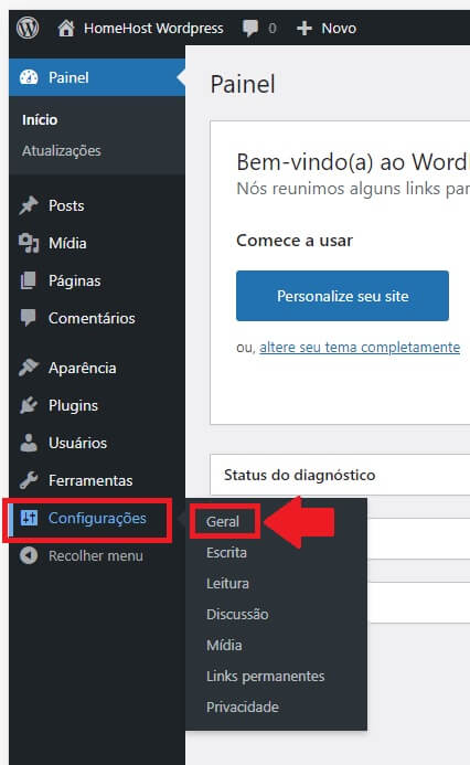 Painel de Configurações Gerais do WordPress